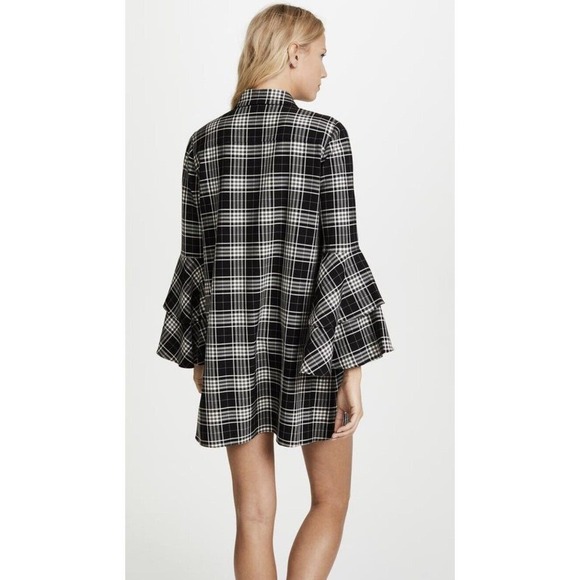 Alice + Olivia Jem Plaid Ruffle Bell Sleeve Button Shirt Dress Black Women's S/P - Picture 5 of 13